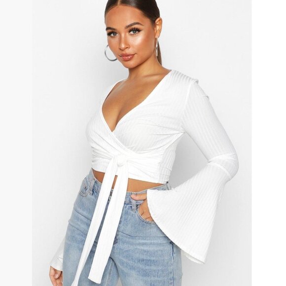boohoo Cropped Rib Flare Sleeve Top Cream Size US 6 - Picture 1 of 5